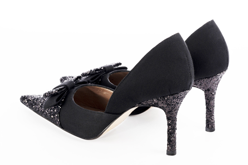 Gloss black women's open arch dress pumps. Pointed toe. Very high slim heel. Rear view - Florence KOOIJMAN